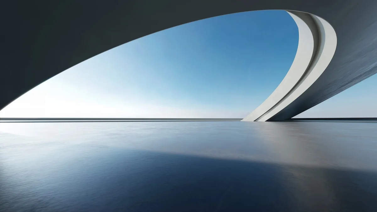 3D-Rendering einer abstrakten, futuristischen Architektur mit Betonboden.